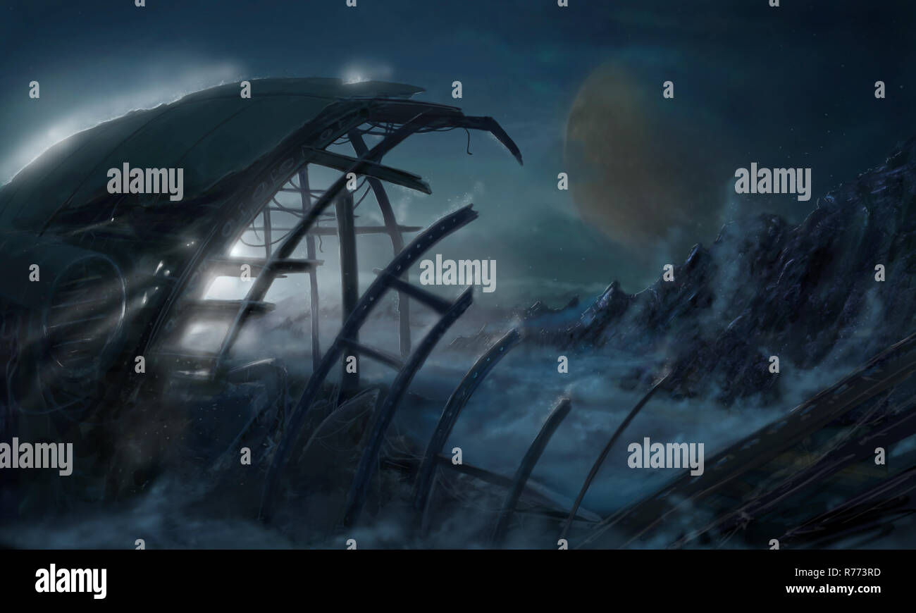 Concept Art Science Fiction Pittura di astronave relitto sul pianeta alieno Foto Stock