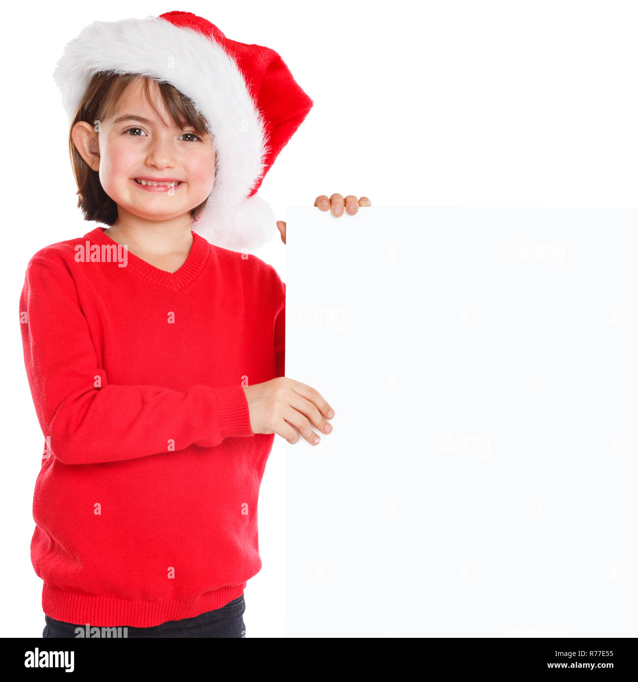 Bambino kid girl Christmas Santa Claus sorridendo felice banner vuoto copyspace spazio copia Foto Stock