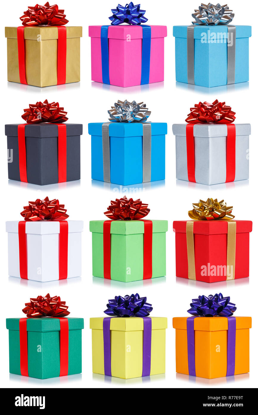 Molti doni raccolta presenta il Natale regalo di compleanno presente formato ritratto isolato su uno sfondo bianco Foto Stock