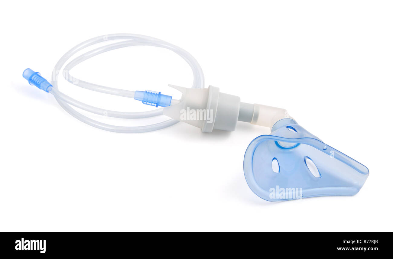 Maschera per inalatore (nebulizzatore) isolato su sfondo bianco. Foto Stock