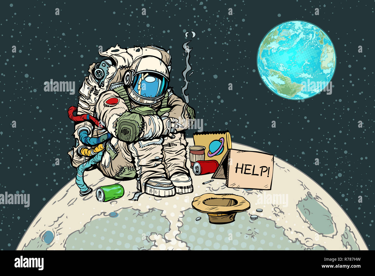 Poveri affamati astronauta sulla luna Foto Stock