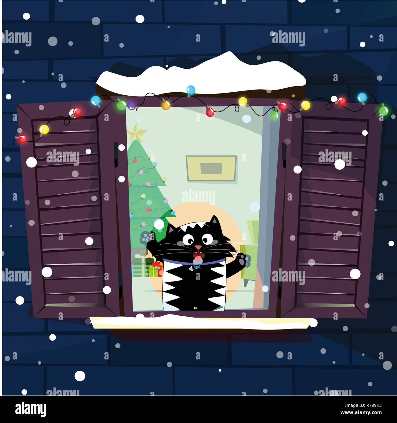 Illustrazione Vettoriale di carino divertente gatto cartoon character la cattura di fiocchi di neve con la linguetta sulla finestra decorata con una ghirlanda, abete in camera. Merry chr Illustrazione Vettoriale