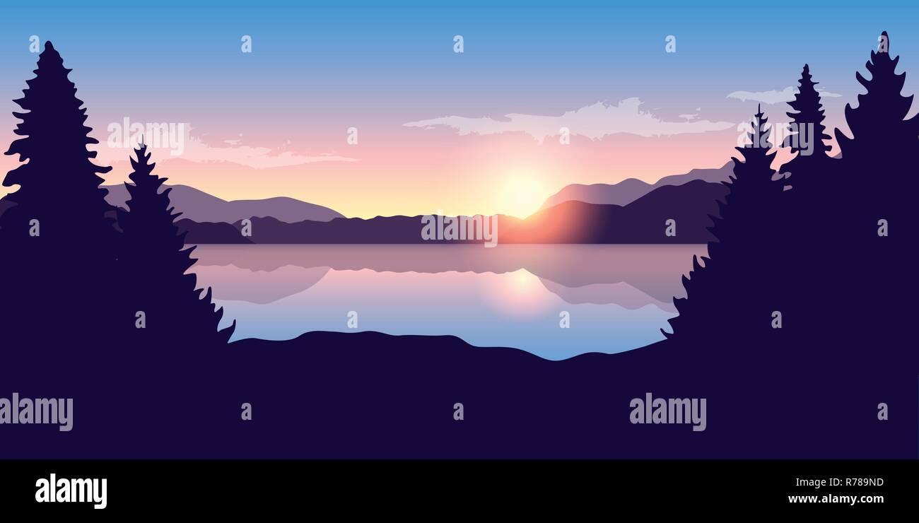 Il bel lago di sunrise viola la natura paesaggio illustrazione vettoriale EPS10 Illustrazione Vettoriale