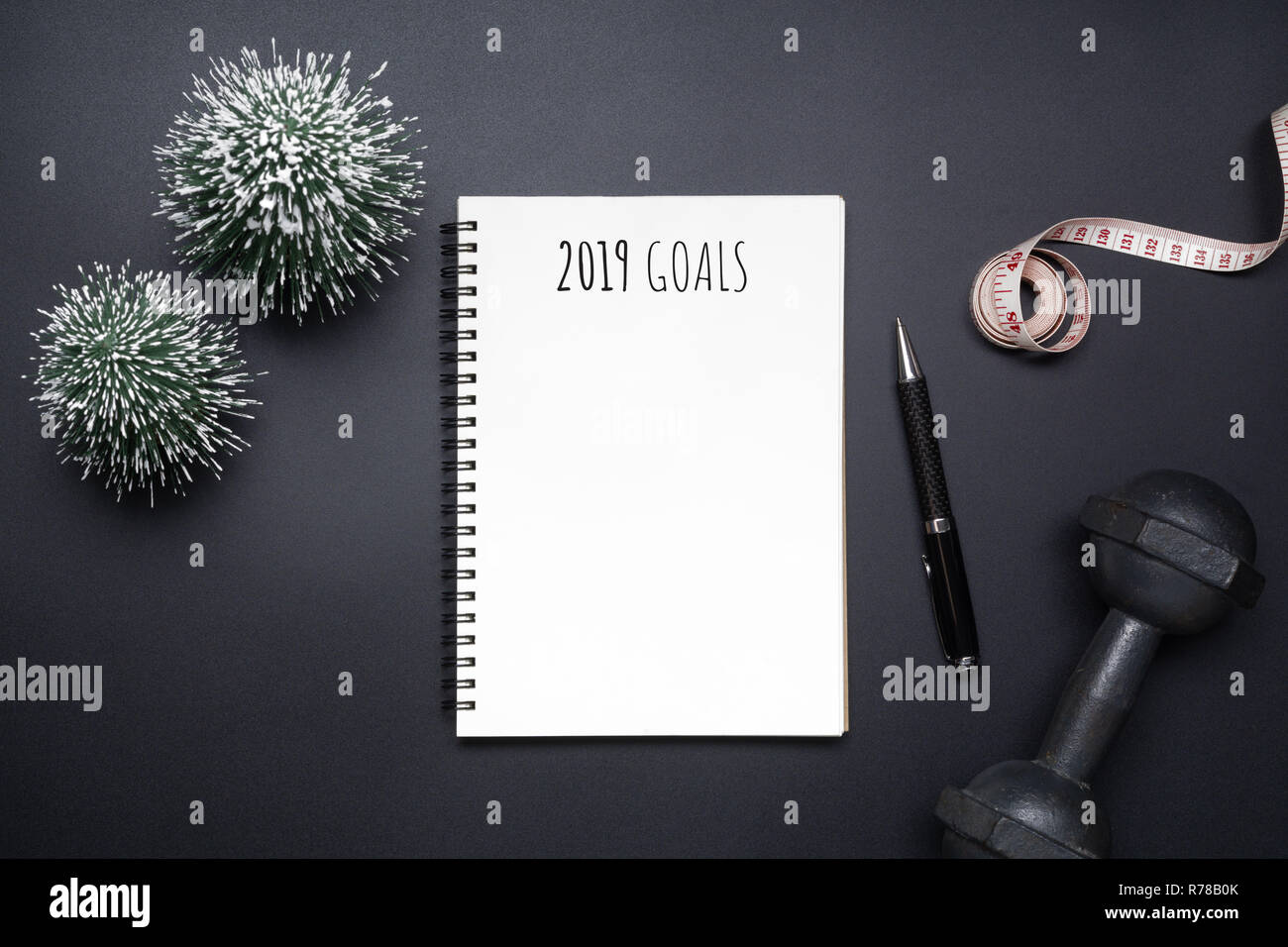 2019 nuovi anni di risoluzioni sport piatto composizione laici. Nero manubri, nastro di misurazione, vuoto notebook e mini albero di Natale su sfondo nero. Foto Stock