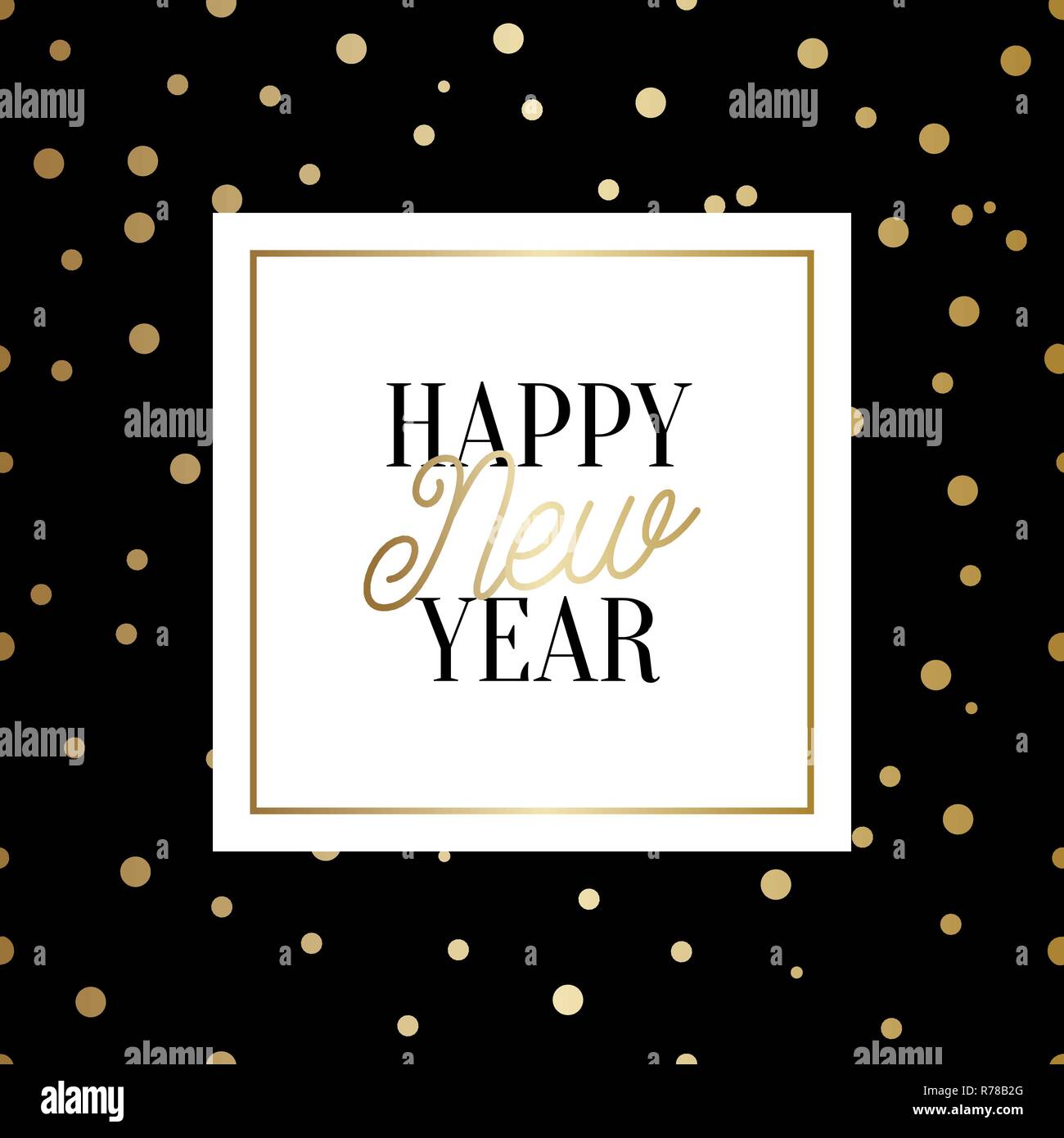 Felice Anno Nuovo square greeting card modello con oro scintillante coriandoli e testo in bianco e nero e oro su sfondo bianco. Elegante vettore festosa flyer Illustrazione Vettoriale
