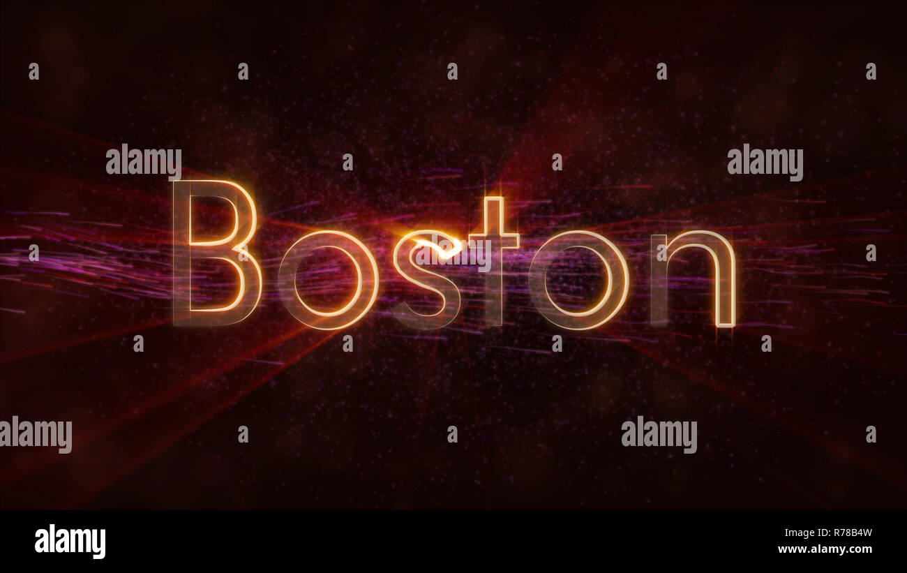 Boston - Stati Uniti il nome della città di animazione di testo - raggi lucido looping sul bordo del testo sopra uno sfondo con movimento vorticoso e fluente stelle Foto Stock