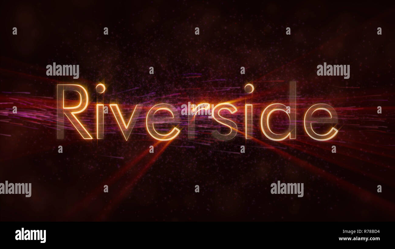 Riverside - Stati Uniti il nome della città di animazione di testo - raggi lucido looping sul bordo del testo sopra uno sfondo con movimento vorticoso e fluente stelle Foto Stock