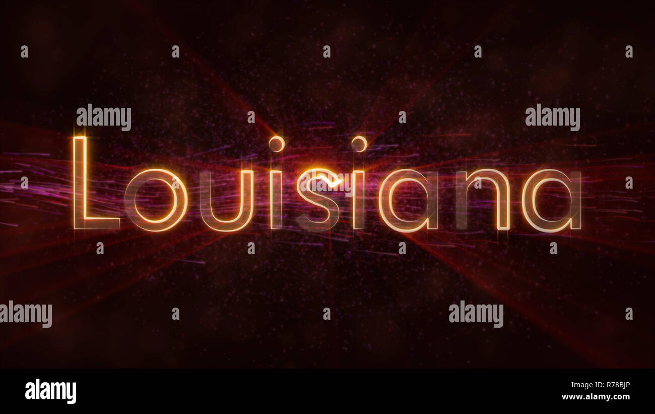 Louisiana - Stati Uniti nome stato di animazione di testo - raggi lucido looping sul bordo del testo sopra uno sfondo con movimento vorticoso e fluente stelle Foto Stock