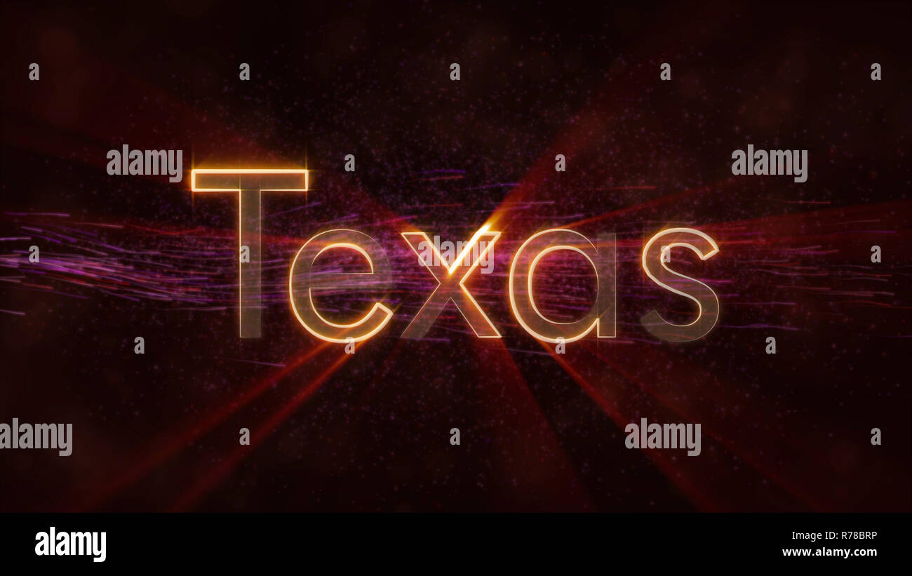 Texas - Stati Uniti nome stato di animazione di testo - raggi lucido looping sul bordo del testo sopra uno sfondo con movimento vorticoso e fluente stelle Foto Stock