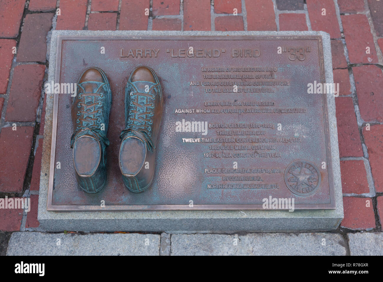 Larry Bird Legenda Lapide. Quincy Market. Boston, Massachusetts, Stati Uniti d'America. Foto Stock