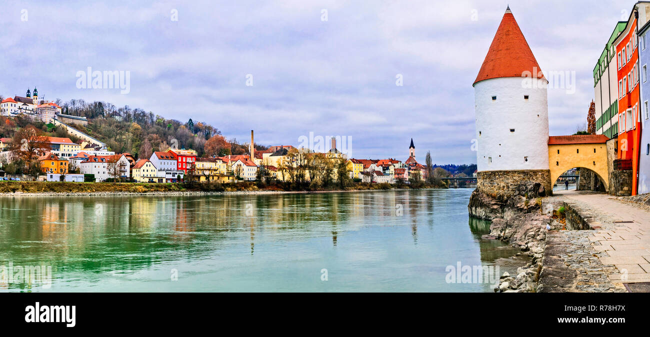 Impressionante Passau città vecchia,vista panoramica,Baviera,Germania Foto Stock