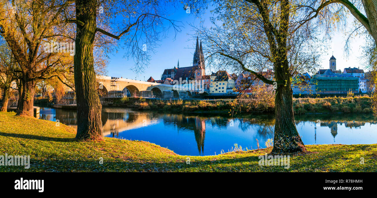 Punto di riferimento della Germania,impressionante Regensburg città vecchia,Baviera. Foto Stock