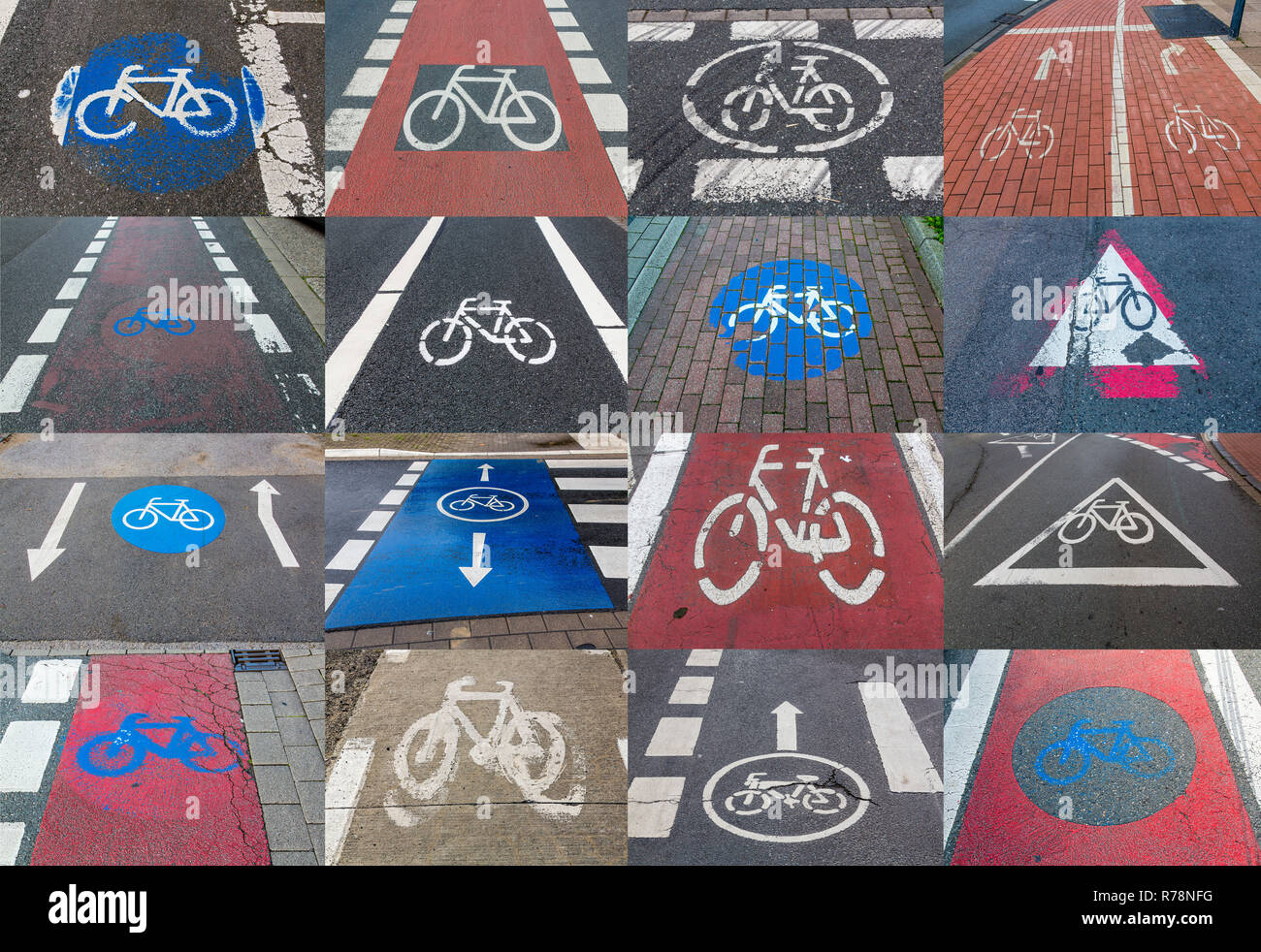 Collage di pista ciclabile marcature su un marciapiede, parzialmente usurato Foto Stock