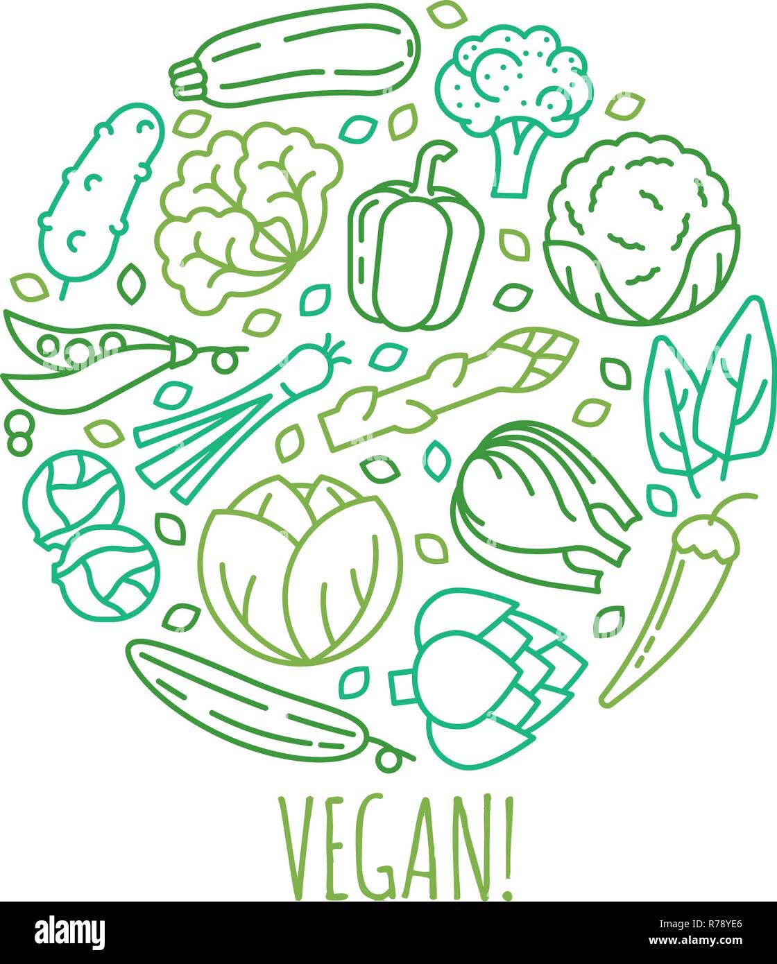 Logo per il modello alimentare vegano o business con verdura icone disposte in forma circolare Illustrazione Vettoriale