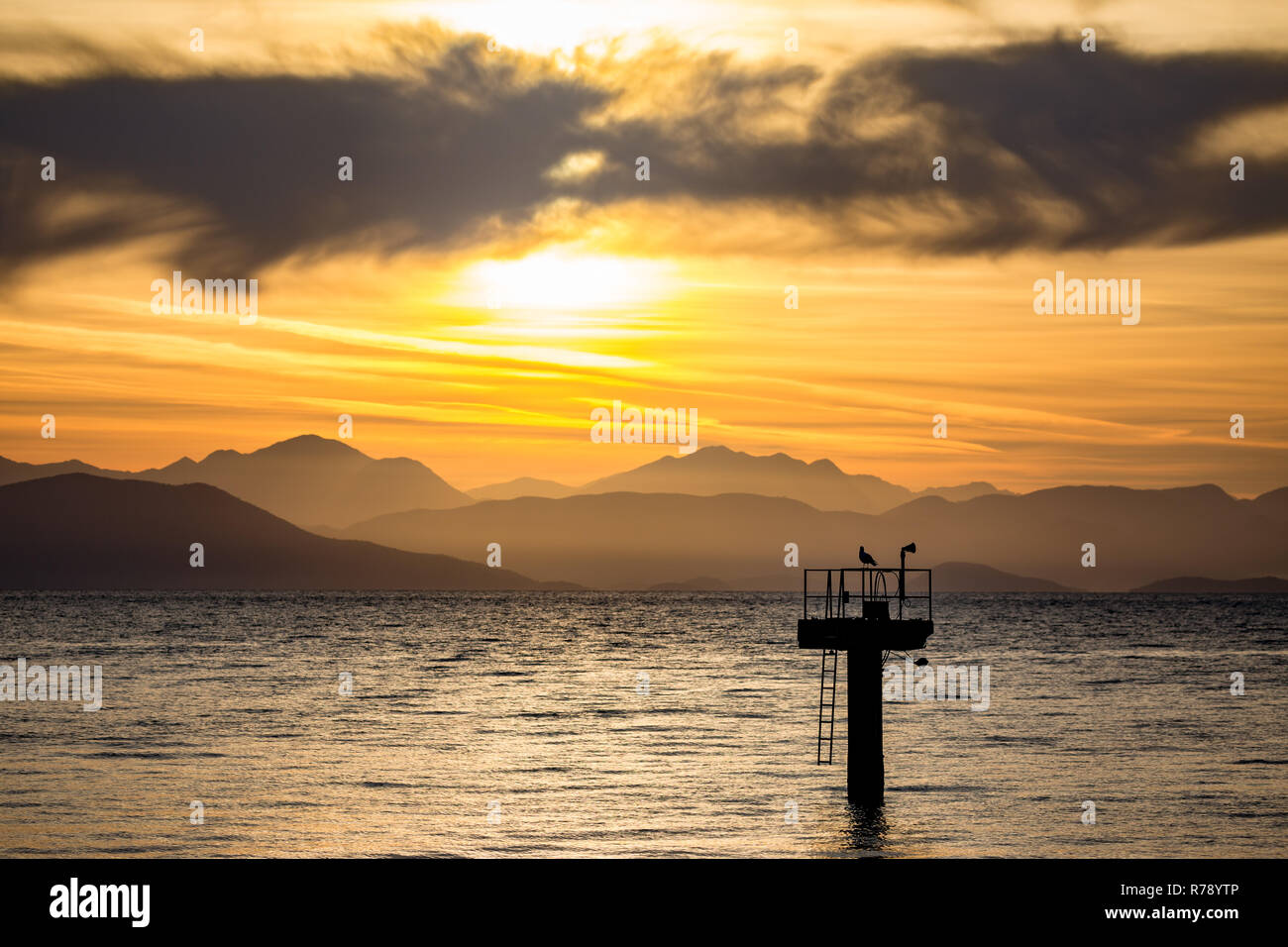 La silhouette di lonely seagull poggiante su airport il palo della luce nelle prime ore del mattino al sorgere del sole a Kerkira isola di Corfù, Grecia. Scenario le curve d'oro Foto Stock