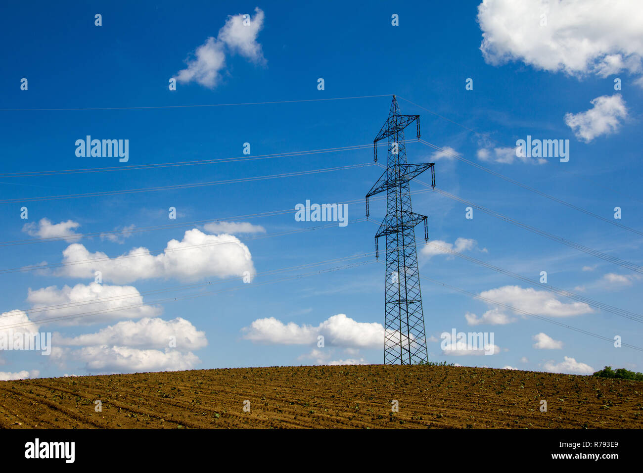 Brown field con tralicci elettrici in campagna con orizzonte e cielo blu e poche nuvole in primavera al giorno Foto Stock