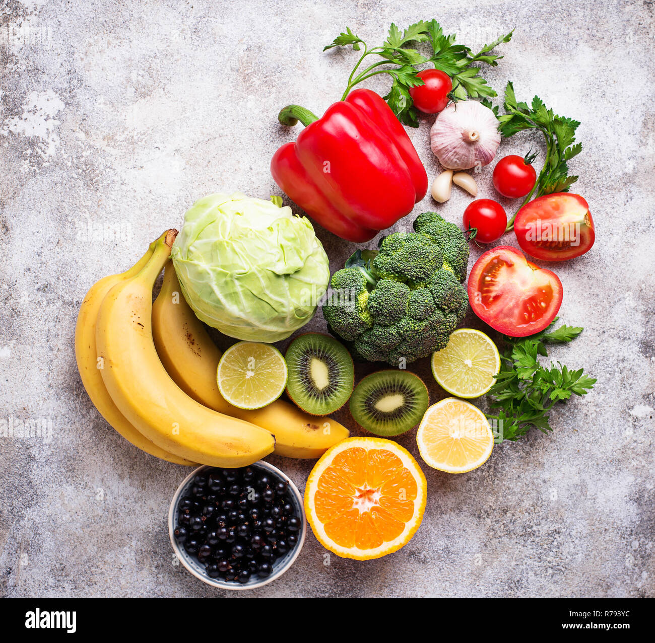 Alimenti contenenti vitamina C. il mangiare sano Foto Stock