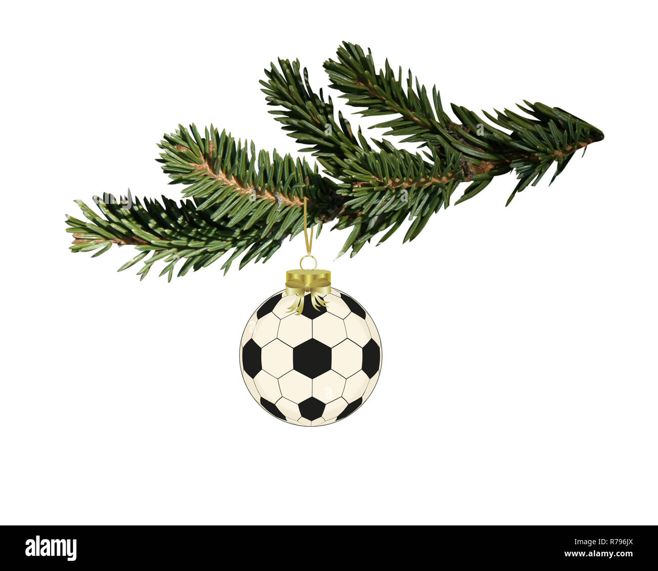 Soccer palla di Natale appeso sul ramo di abete, sport steeling vetture Foto Stock