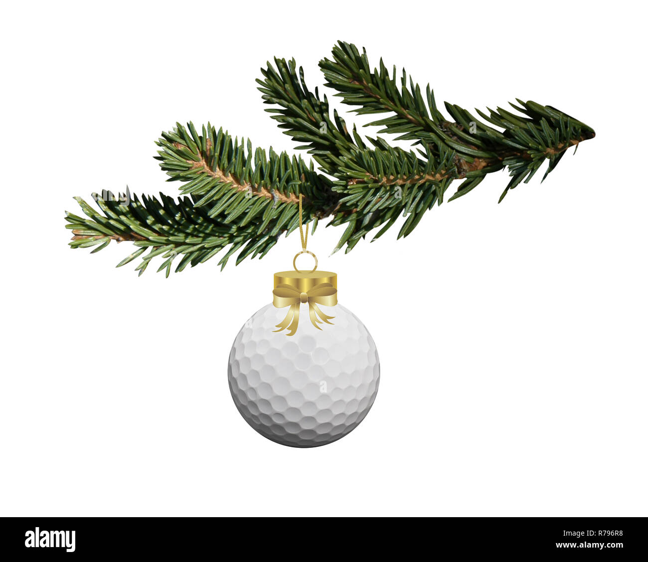 Golf palla di Natale appeso sul ramo di abete Foto Stock