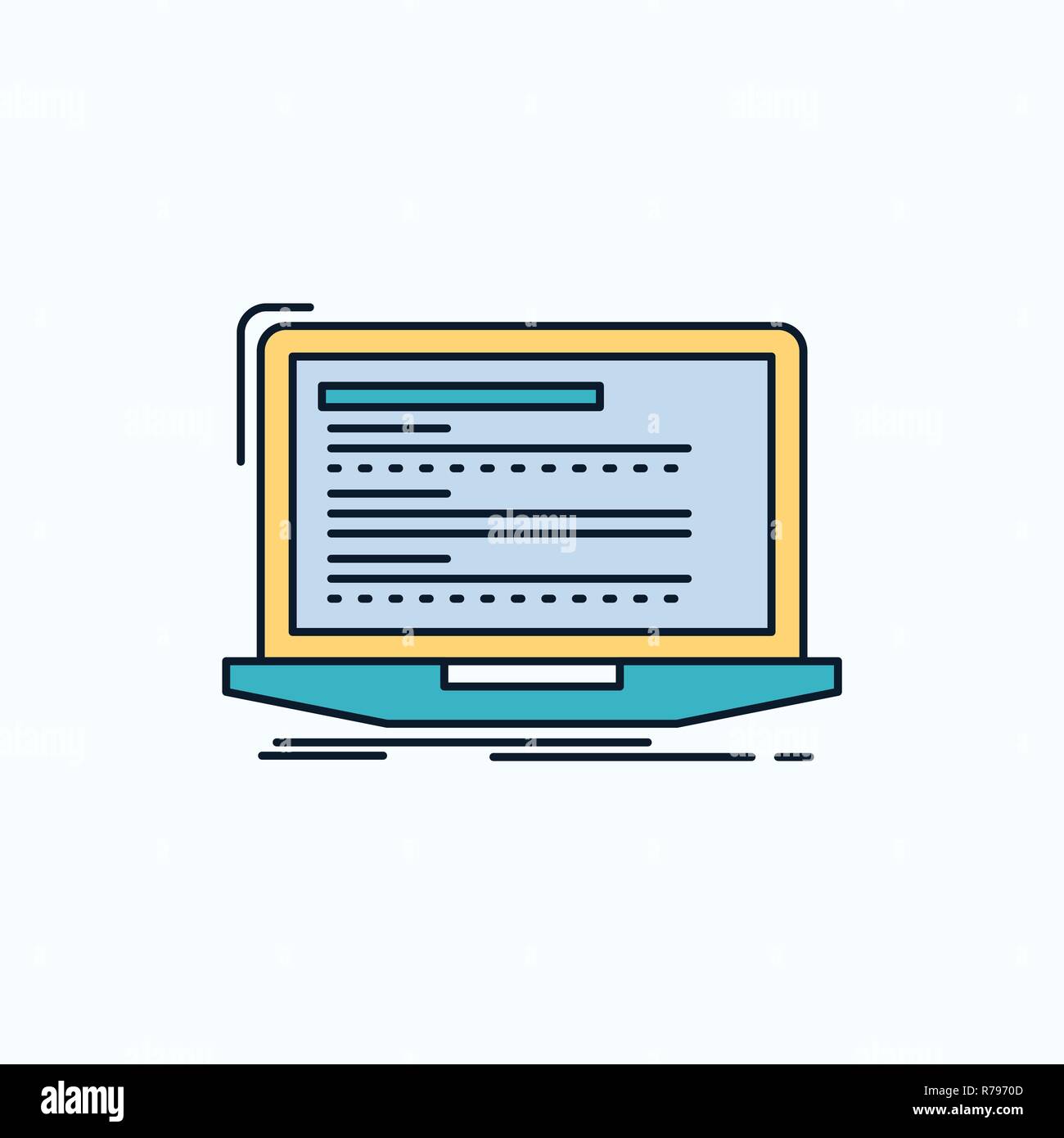 Il codice, la codifica, computer, monoblocco, laptop icona piatta. verde e il cartello giallo e i simboli per il sito web e mobile appliation. illustrazione vettoriale Illustrazione Vettoriale