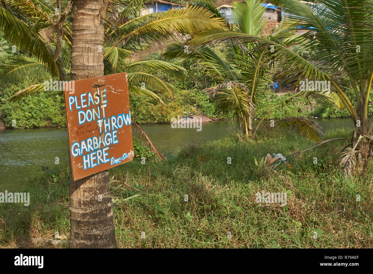 Un segno su un Palm tree dicendo di non buttare immondizia vicino alla spiaggia in Goa, India. Foto Stock