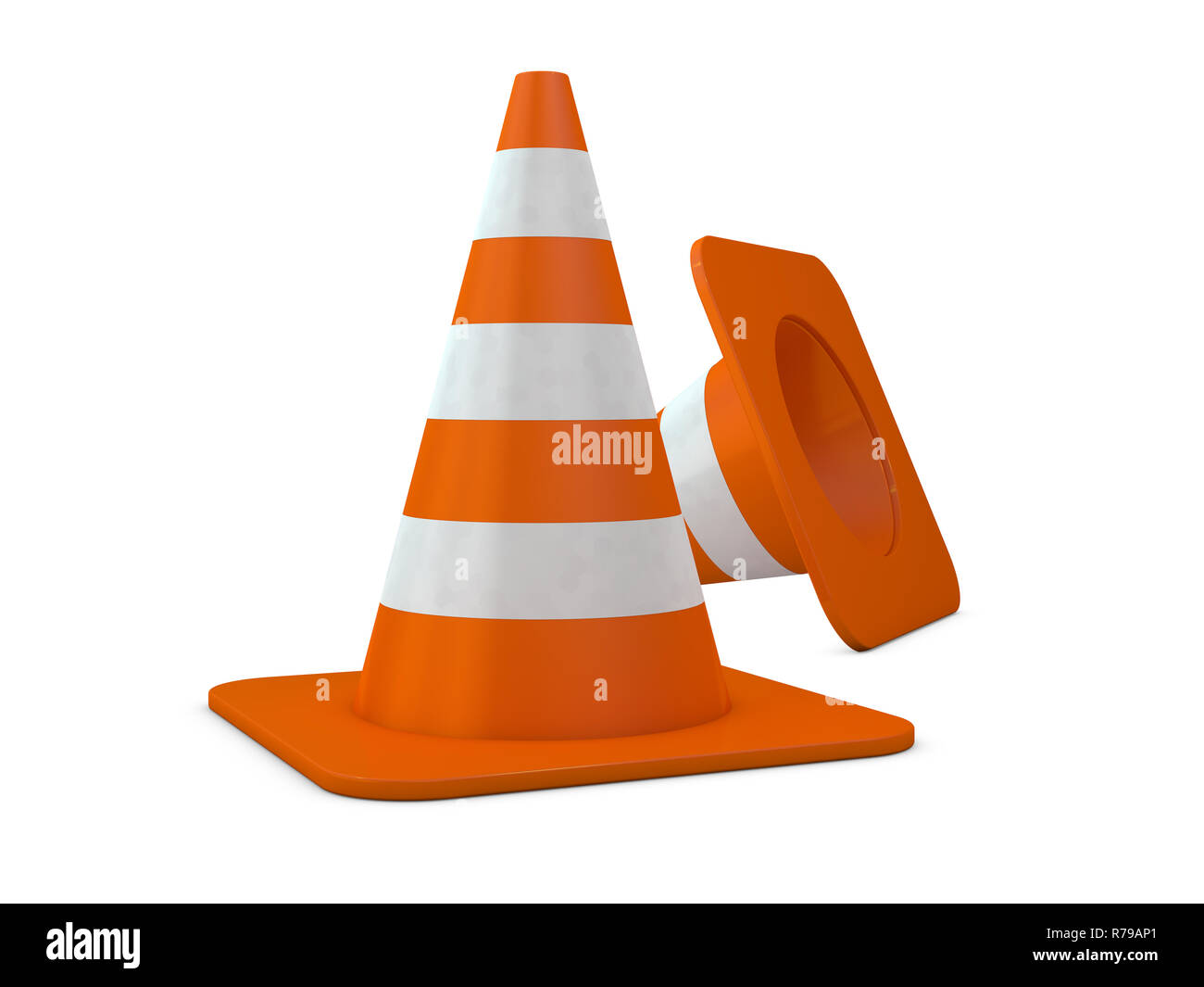 Arancione in plastica a forma di cono con strisce riflettenti isolati su sfondo bianco. 3D rendeing Foto Stock