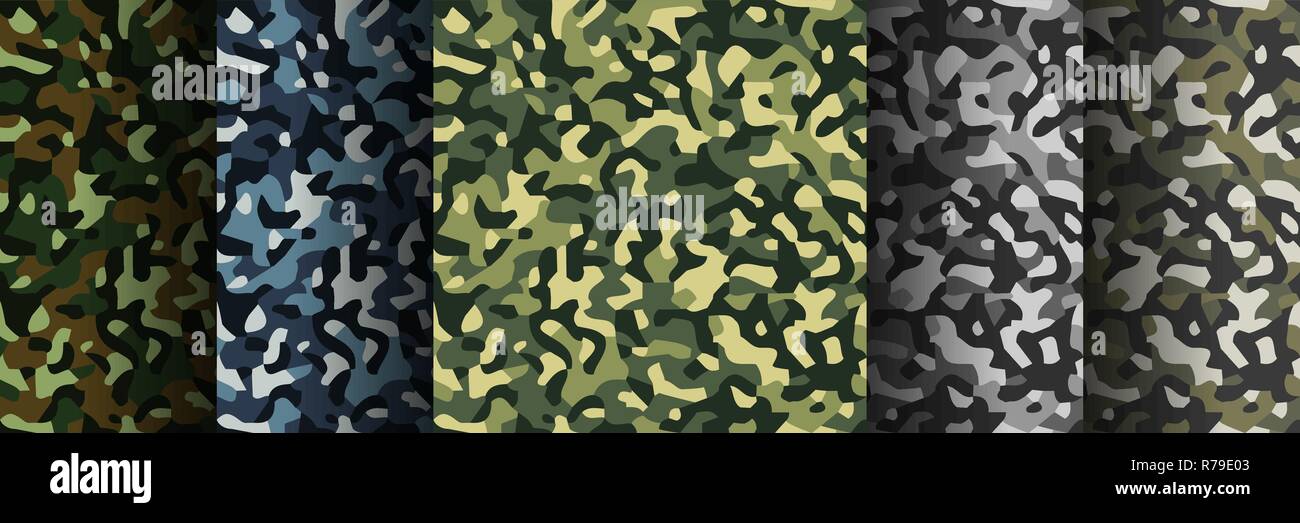 Il camuffamento seamless modello di vettore di sfondo. Set di 5 pack Camouflage pattern senza giunture. Abstract militare moderna stampa tessile sfondo. Vettore i Illustrazione Vettoriale