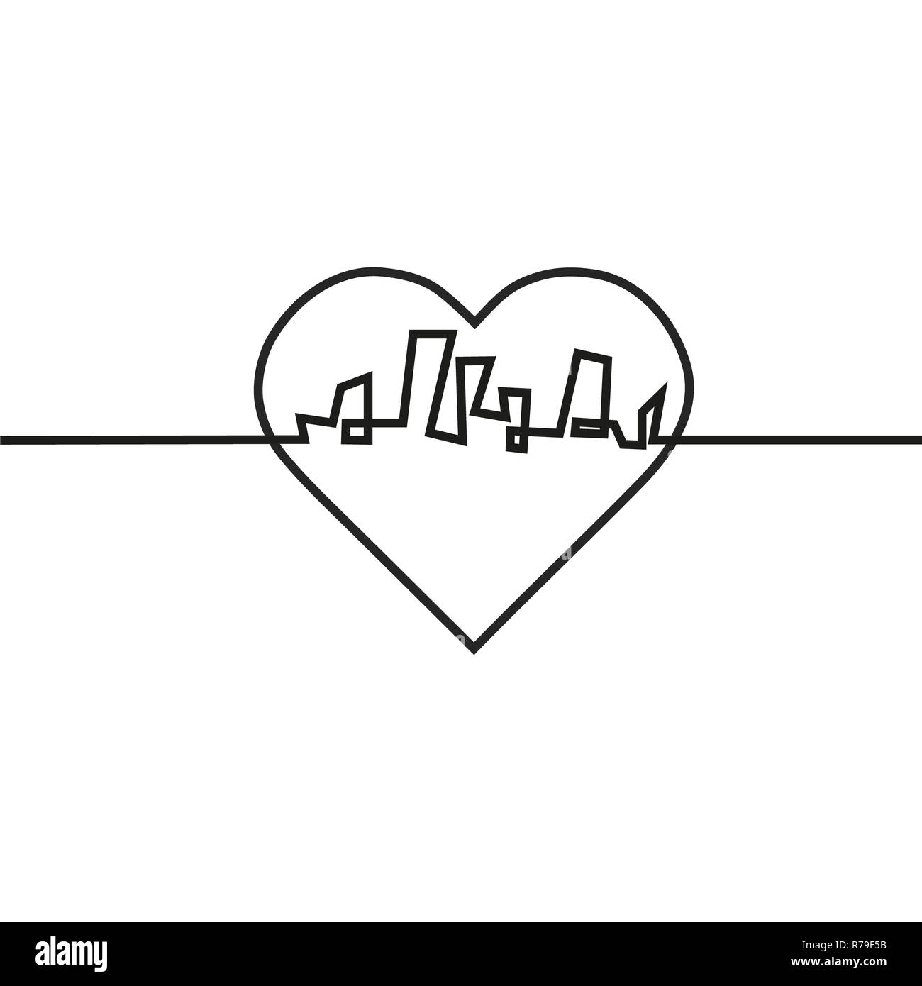 La silhouette della città e nel cuore e amore in continuo le linee di disegno in un appartamento di stile. Moderno paesaggio urbano. Illustrazioni vettoriali. Città grattacieli Ufficio edilizia orizzonte.rappresentazione in linea continua Foto Stock