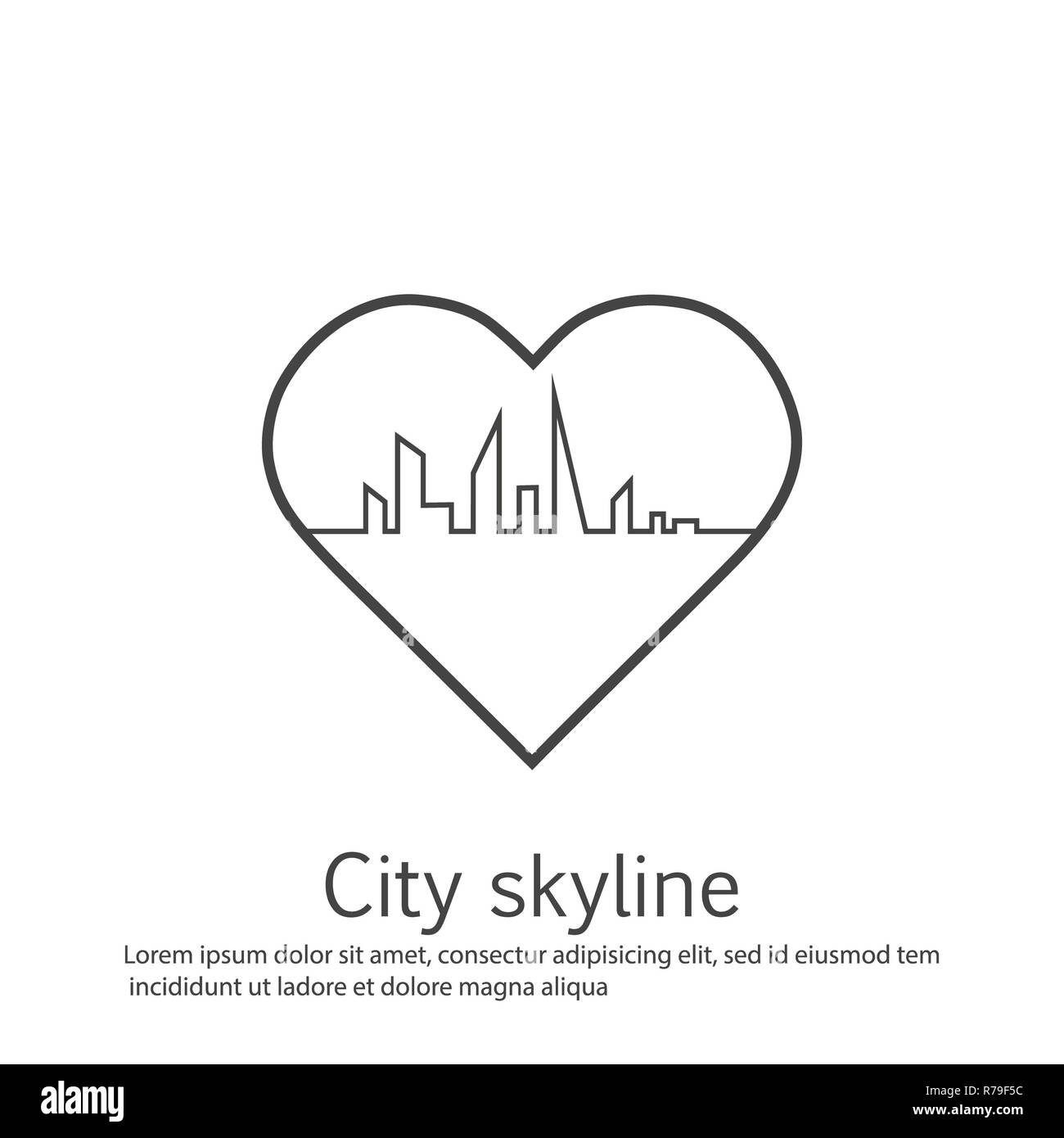 La silhouette della città e nel cuore e amore in continuo le linee di disegno in un appartamento di stile. Moderno paesaggio urbano. Illustrazioni vettoriali. Città grattacieli Ufficio edilizia orizzonte.rappresentazione in linea continua Foto Stock