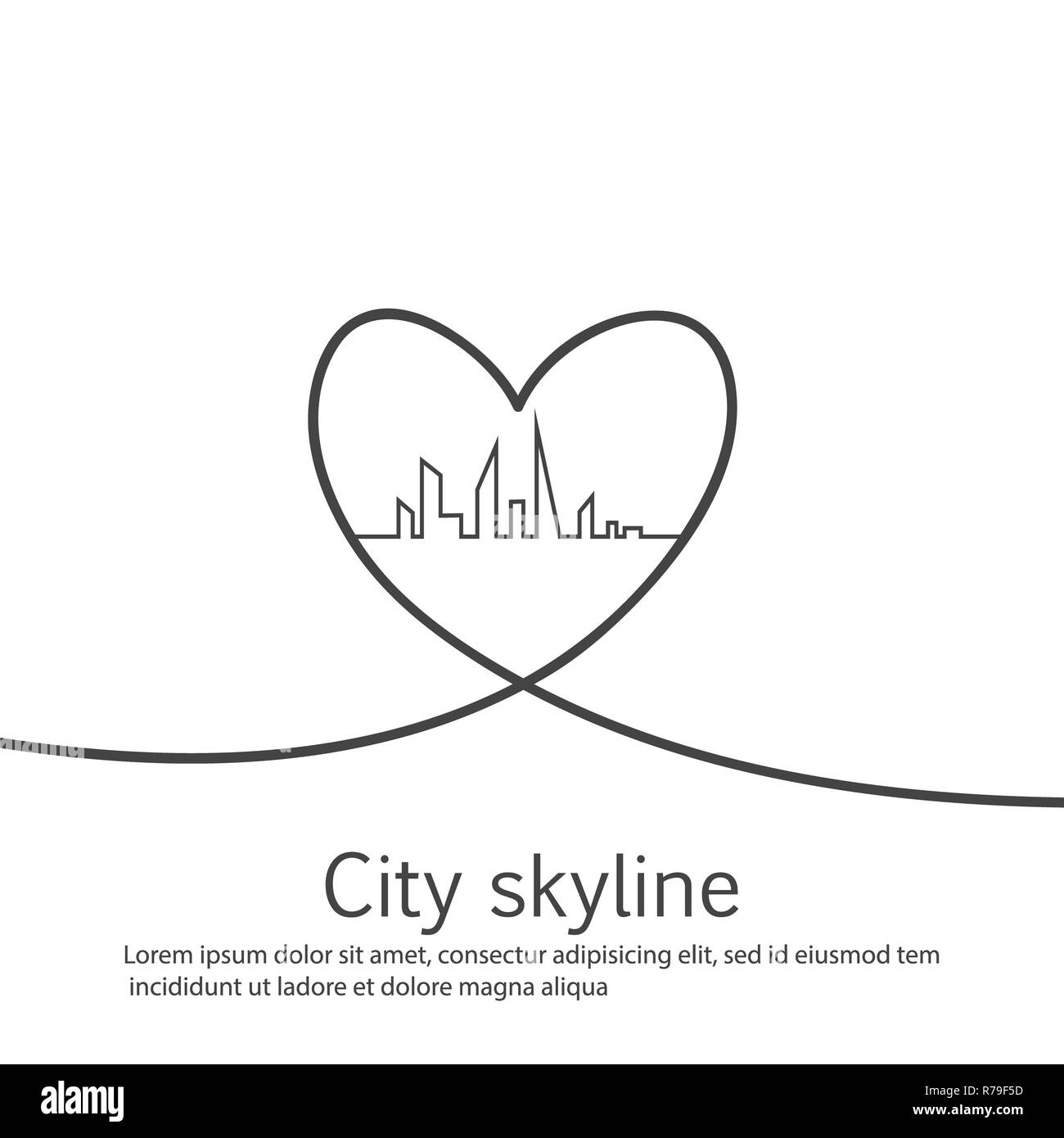 La silhouette della città e nel cuore e amore in continuo le linee di disegno in un appartamento di stile. Moderno paesaggio urbano. Illustrazioni vettoriali. Città grattacieli Ufficio edilizia orizzonte.rappresentazione in linea continua Foto Stock