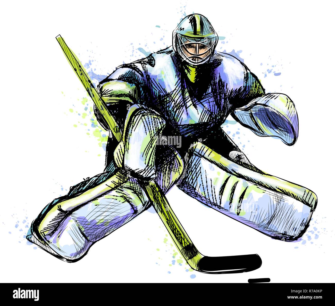 Abstract portiere di hockey da schizzi di acquerelli. Mano bozzetto. Sport invernali Illustrazione Vettoriale