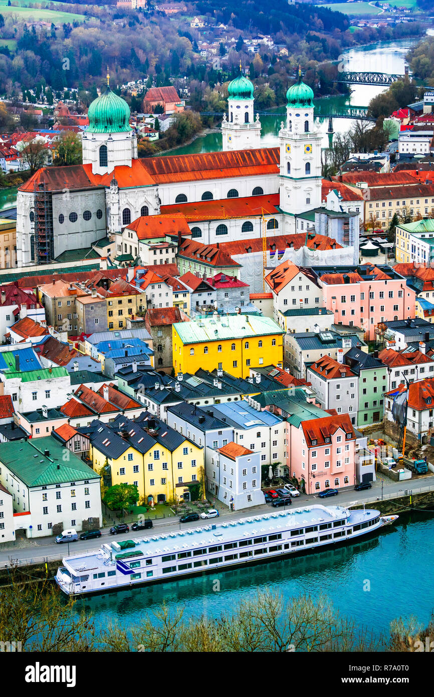 Impressionante Passau città vecchia,vista panoramica,Baviera, Germania. Foto Stock