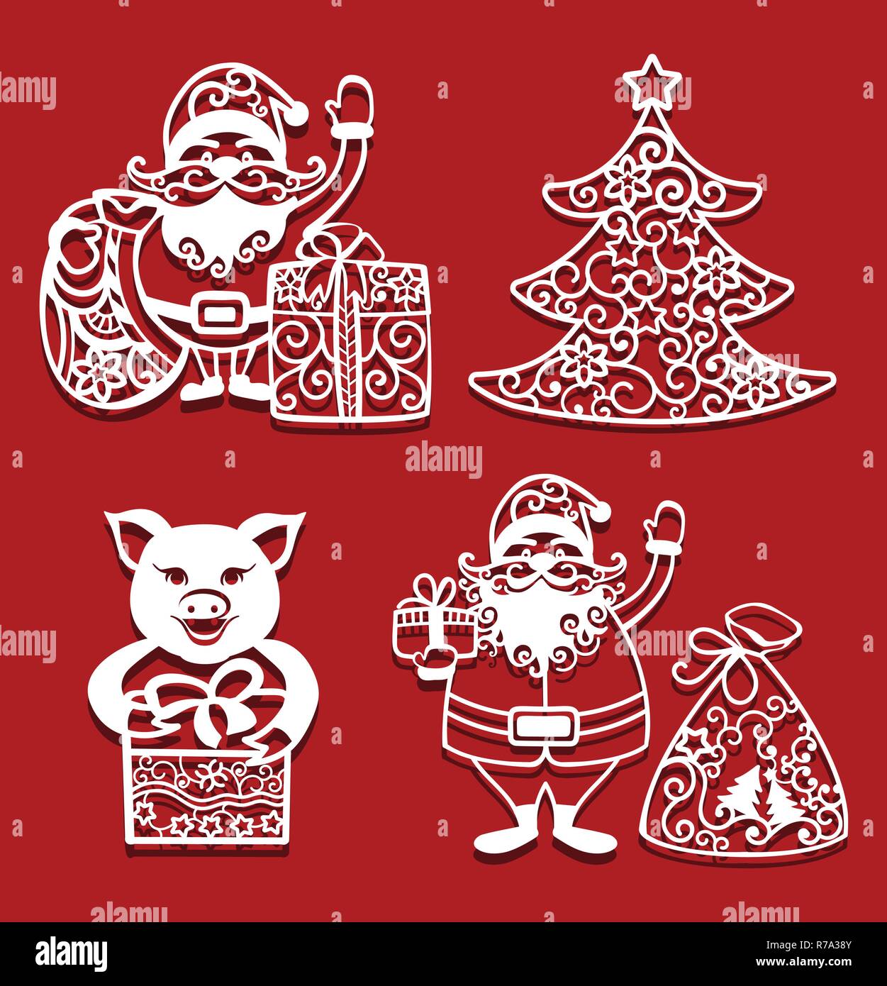 Santa Claus azienda sacco di Natale e di dono, suino con dono, Abete per il taglio laser. Anno nuovo card Illustrazione Vettoriale