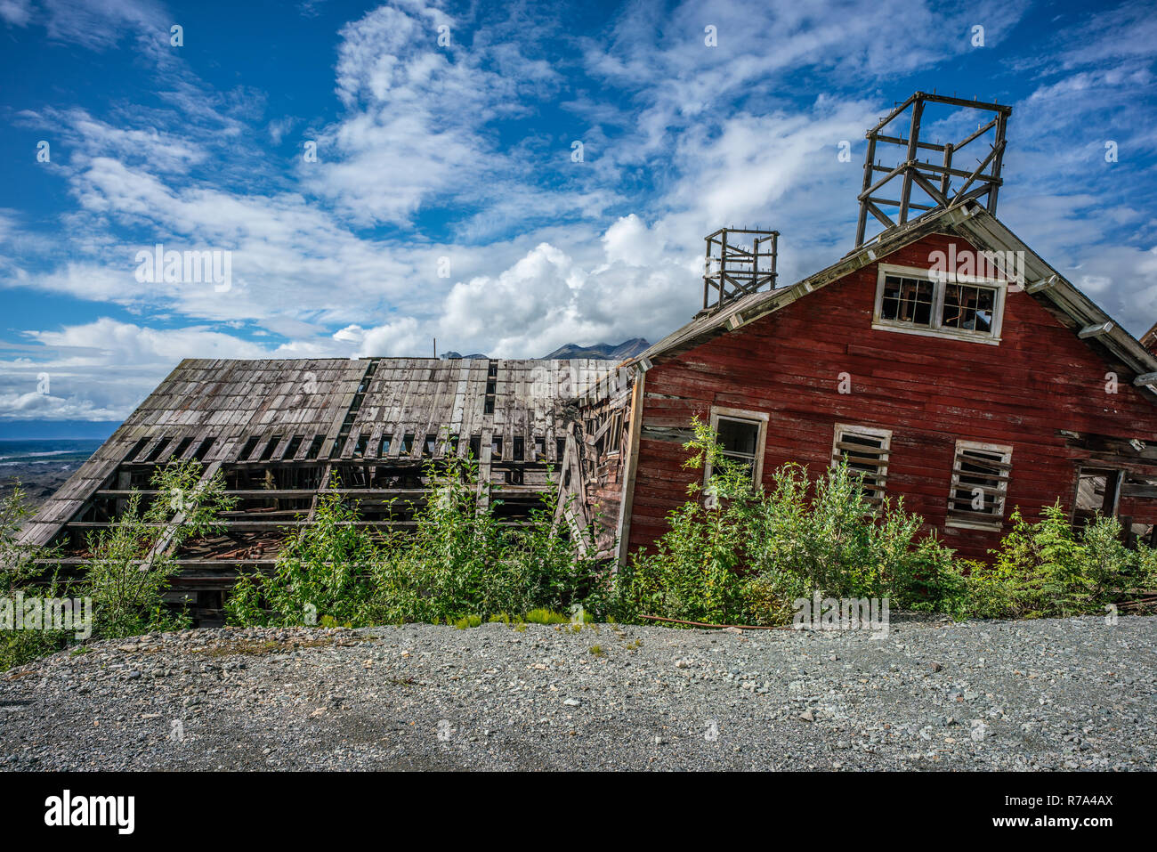 Kennecott abbandonata miniera di rame vista camp, Alaska Foto Stock