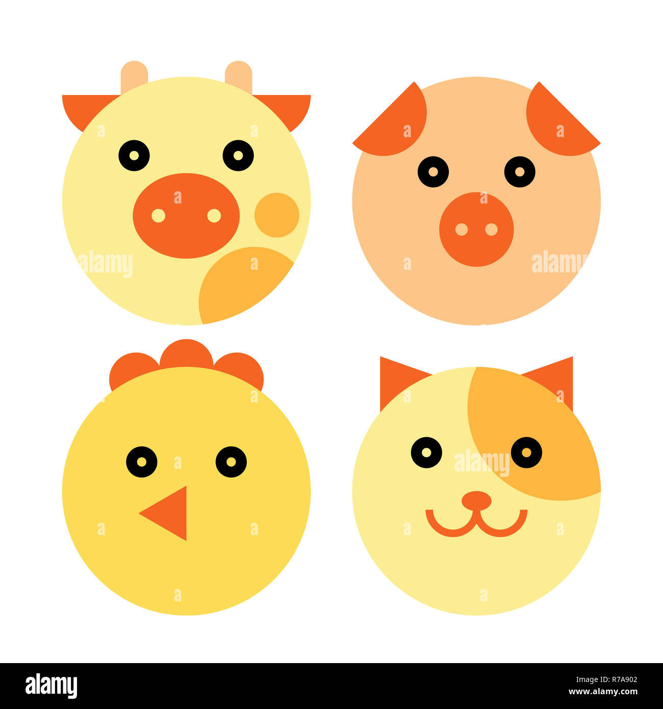 Animale da azienda Set. Vacca, maiale, pollo e Cat Cartoon testa di animale Foto Stock