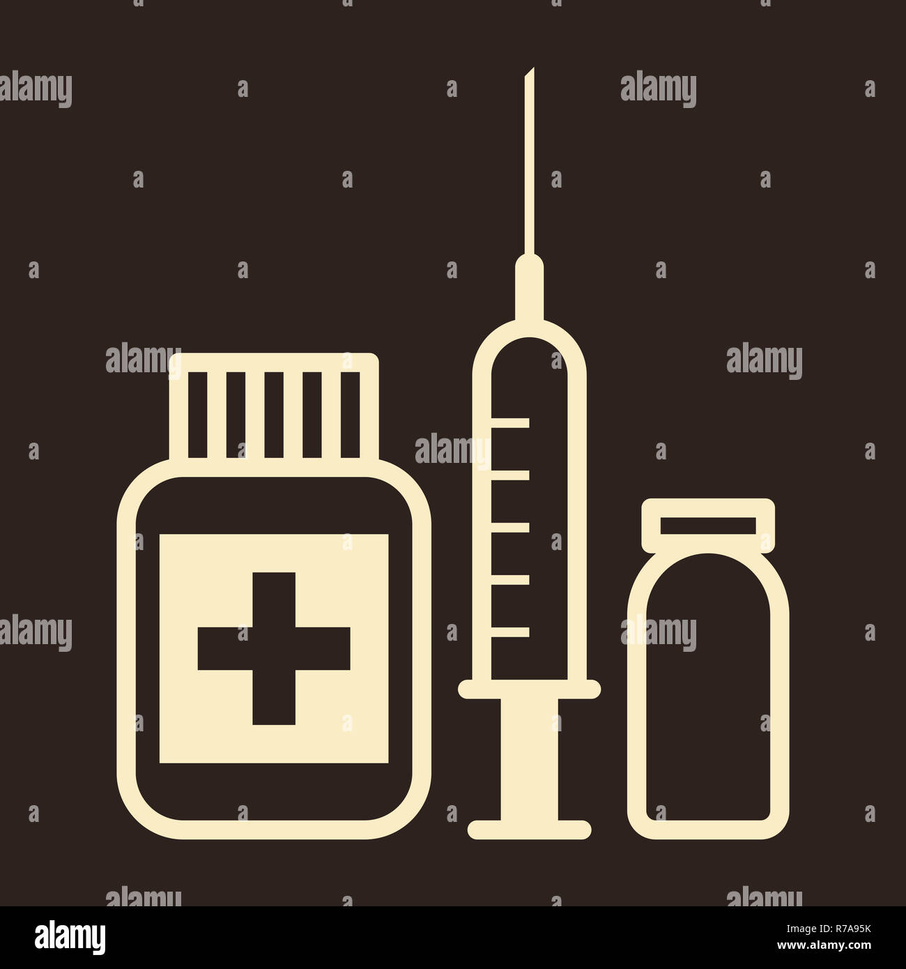 Medicina, la fiala e la siringa icona sullo sfondo scuro Foto Stock