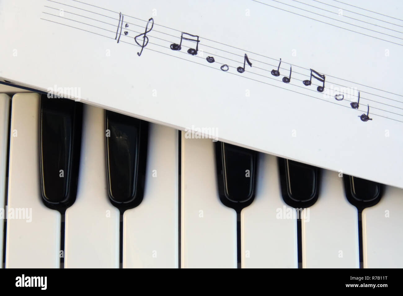 Tastiera di pianoforte e note musicali. Le note musicali su una tastiera di  pianoforte Foto stock - Alamy