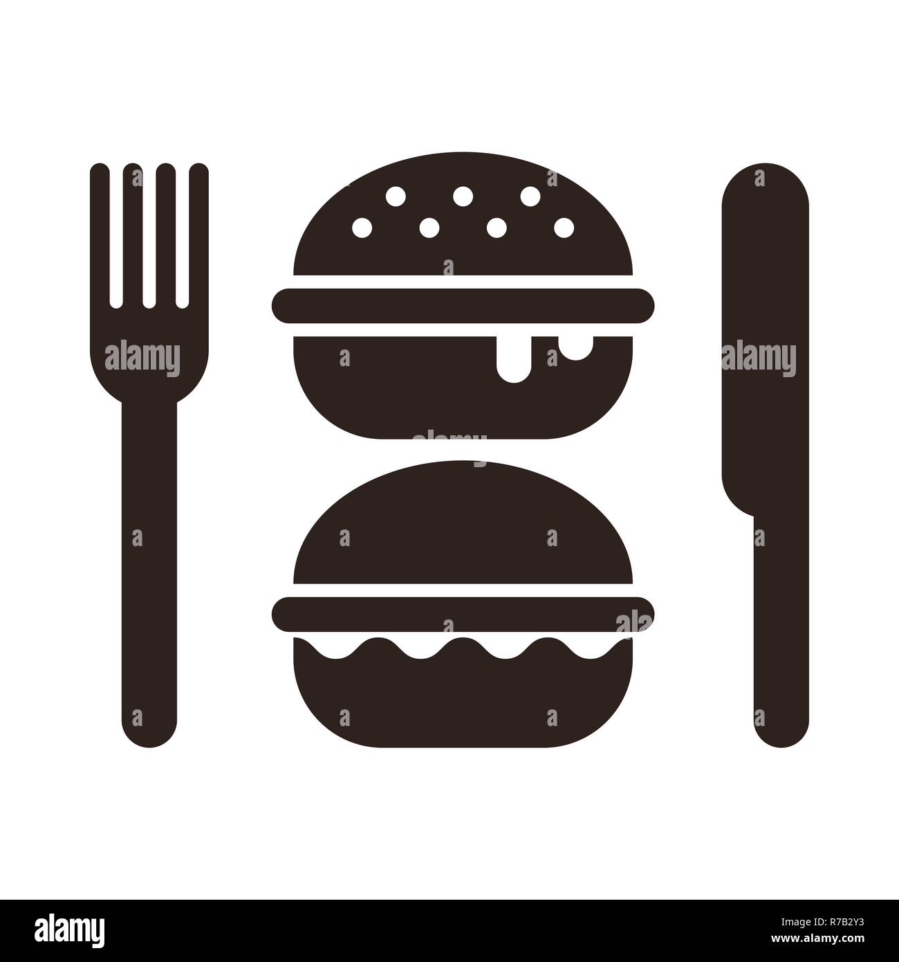 Hamburger, coltello e forchetta. Il fast food simbolo isolato su sfondo bianco Foto Stock