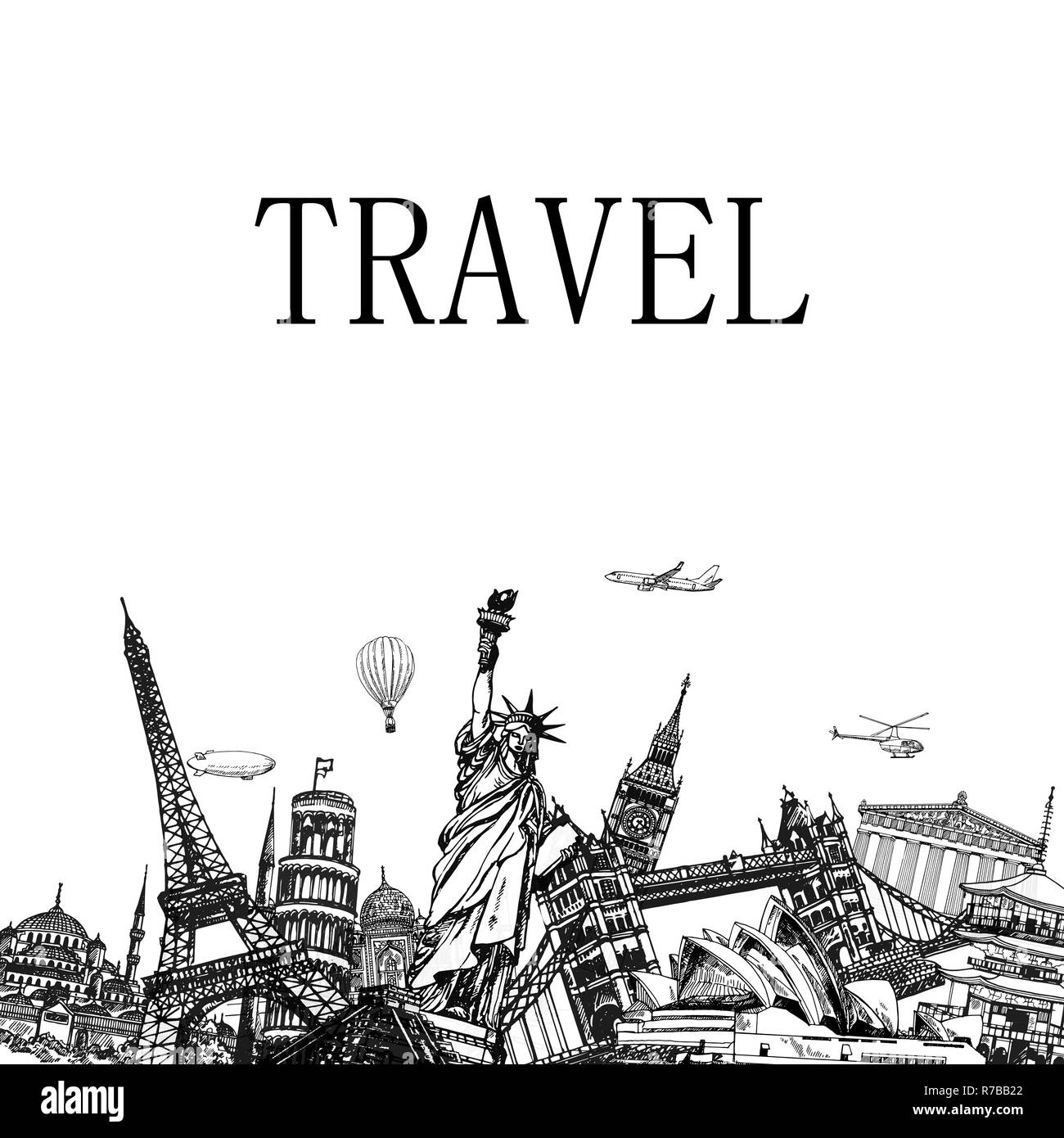 La composizione di mano il bozzetto style famosi punti di riferimento e attrazioni e diversi aerei. Illustrazione Vettoriale. Illustrazione Vettoriale