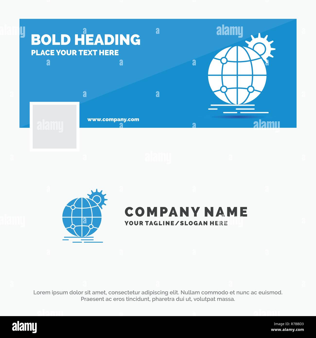 Blu del logo aziendale modello per international business, Globe, world wide, ingranaggio. Facebook Timeline Design Banner. vettore banner web illust sfondo Illustrazione Vettoriale