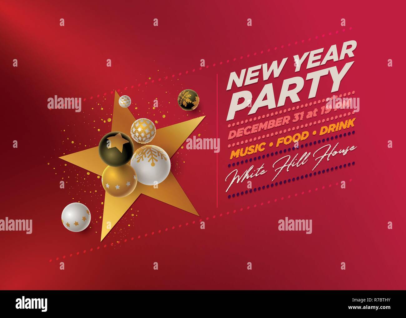 Vector Anno Nuovo Partito poster modello di progettazione con 3d bianco, nero e oro palle di Natale . Gli elementi sono stratificati separatamente in file vettoriale. Illustrazione Vettoriale