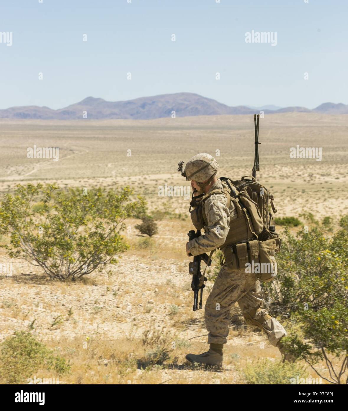 Un Marine con il 2° Battaglione, 4° Reggimento Marine coordinate con il suo plotone come egli avanza verso il suo obiettivo in un movimento a contatto training esercizio a bordo Marine Corps Air Ground Centro di combattimento, ventinove Palms, California, 4 maggio 2017. Marine Corps Prova di funzionamento e di attività di valutazione condotte Ufficio l'esercizio come parte del test di funzionamento utilizzato per confrontare un AAV aggiornato al suo vecchio variante. Foto Stock