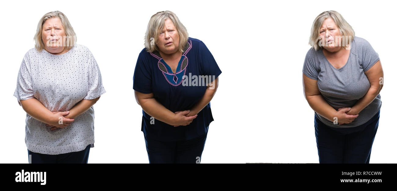 Collage di senior donna grassa su sfondo isolato con mano su stomaco perché nausea, dolorosa malattia senso di malessere. Concetto di Ache. Foto Stock