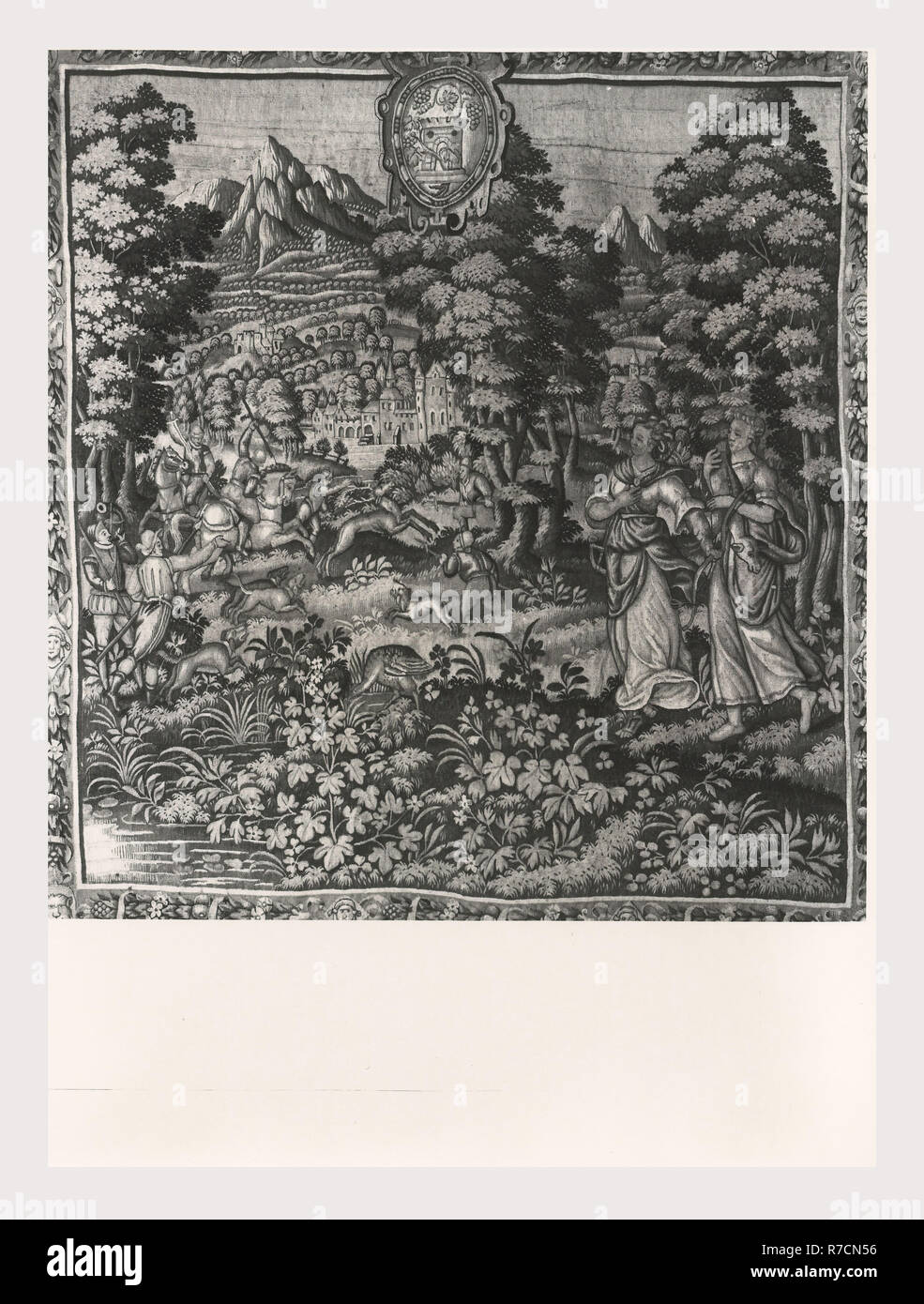 Lazio Roma Roma Palazzo Venezia, Museo, questa è la mia Italia, il paese italiano di storia visiva, post-medievale collezione arazzi Nella 'Sala Regia', che occupa le stanze dell'appartamento Balbo, dove Paolo II vissuto e radunò le sue collezioni. Tedesco e arazzi francesi del XVI secolo, tutti fabbricati a Bruxelles e cinque arazzi italiana dalla Riviera dopo vignetta di disegni da Giov. Franc. Romanelli nel 1637-42. Foto Stock