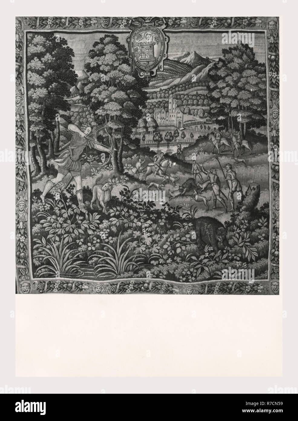 Lazio Roma Roma Palazzo Venezia, Museo, questa è la mia Italia, il paese italiano di storia visiva, post-medievale collezione arazzi Nella 'Sala Regia', che occupa le stanze dell'appartamento Balbo, dove Paolo II vissuto e radunò le sue collezioni. Tedesco e arazzi francesi del XVI secolo, tutti fabbricati a Bruxelles e cinque arazzi italiana dalla Riviera dopo vignetta di disegni da Giov. Franc. Romanelli nel 1637-42. Foto Stock