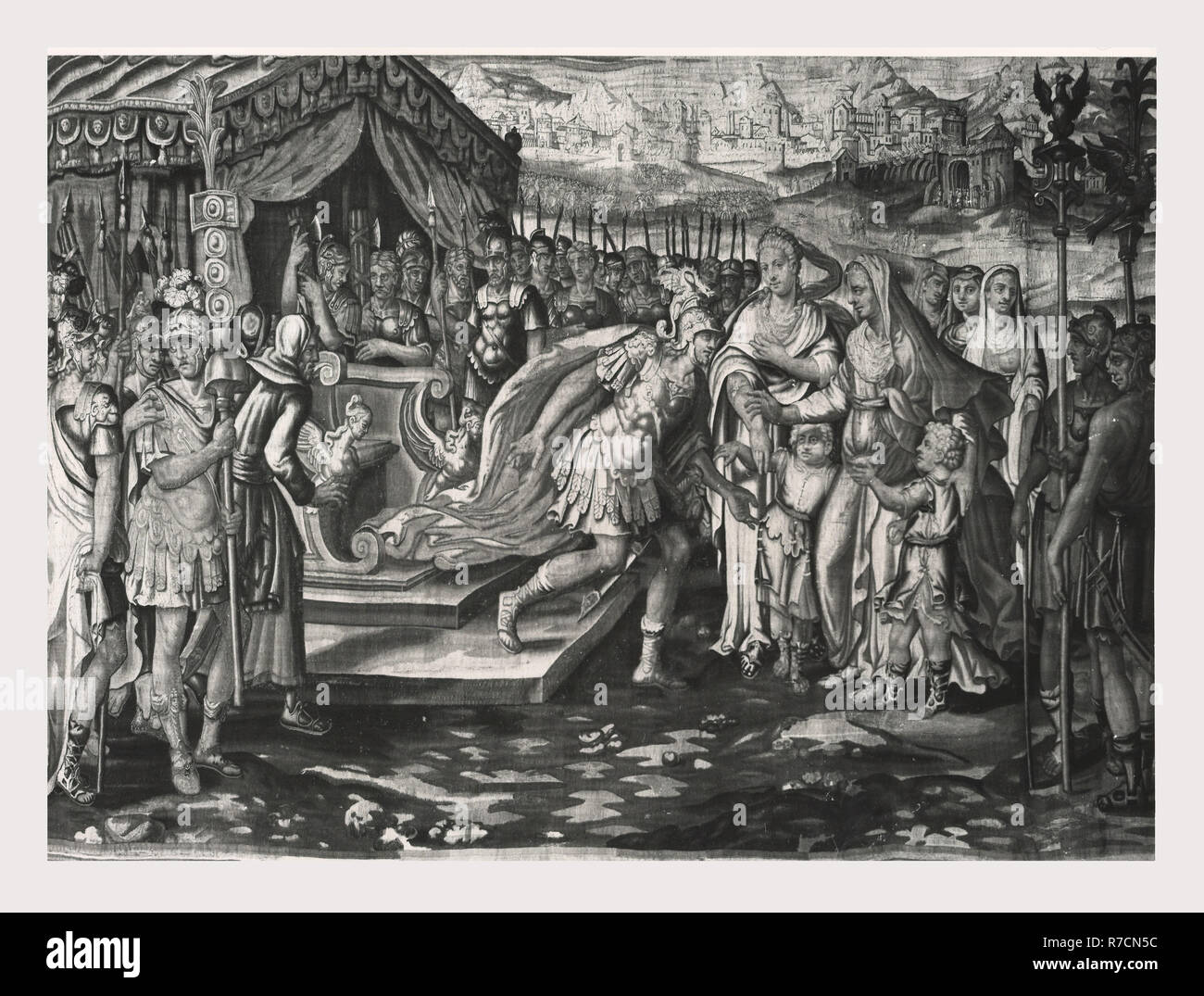 Lazio Roma Roma Palazzo Venezia, Museo, questa è la mia Italia, il paese italiano di storia visiva, post-medievale collezione arazzi Nella 'Sala Regia', che occupa le stanze dell'appartamento Balbo, dove Paolo II vissuto e radunò le sue collezioni. Tedesco e arazzi francesi del XVI secolo, tutti fabbricati a Bruxelles e cinque arazzi italiana dalla Riviera dopo vignetta di disegni da Giov. Franc. Romanelli nel 1637-42. Foto Stock