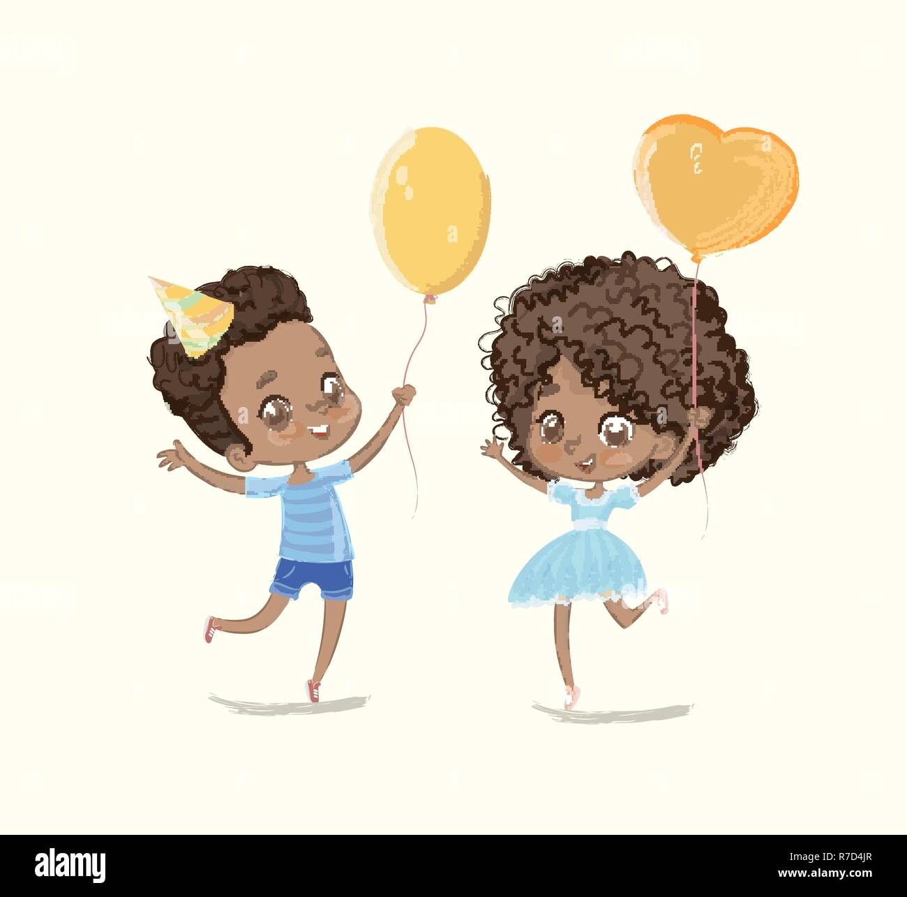 Baby Festa di Compleanno palloncino poster di danza. African American Boy carattere hanno divertimento con la ragazza. Biglietto di Auguri Design. Vettore di Piana Cartoon illustrazione. Illustrazione Vettoriale