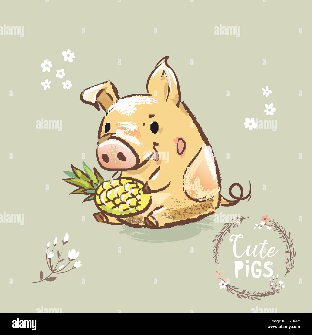 Carattere di maiale Holding ananas 2019 simbolo. Felice Anno Nuovo Biglietto di Auguri Progettazione per la stampa. Appartamento Cartoon illustrazione vettoriale. Illustrazione Vettoriale