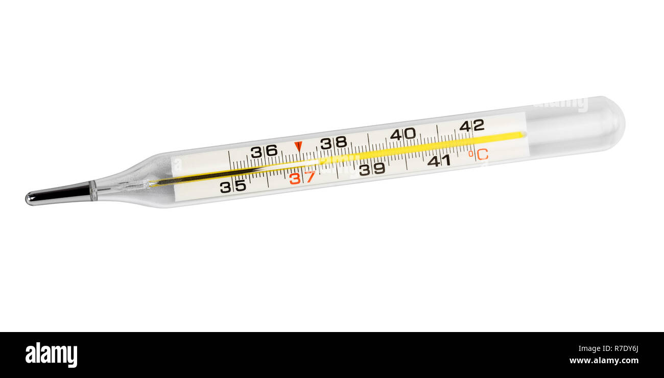 Termometro a mercurio che mostra 37,5 C su uno sfondo bianco, isolato Foto Stock