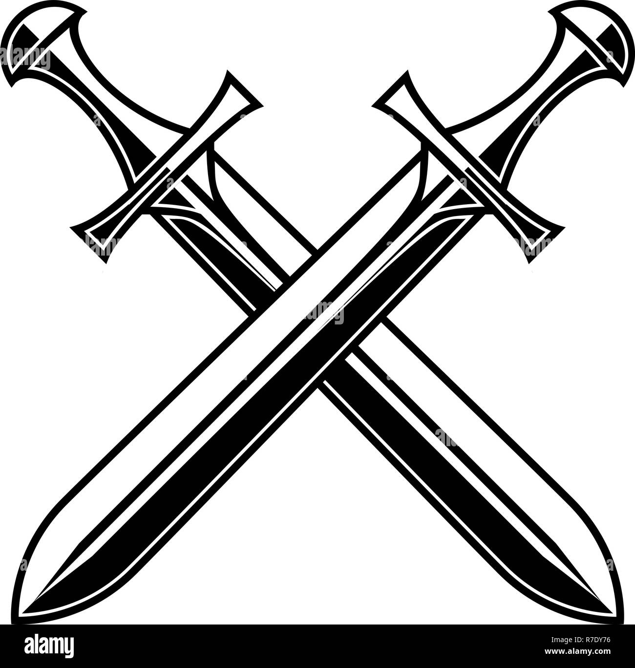 Incrociate le spade medievali su sfondo bianco. Elemento di design per il logo, l'etichetta, emblema, segno, poster, t-shirt. Illustrazione Vettoriale Illustrazione Vettoriale